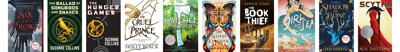 A long thin banner with ten book covers. The titles are listed and linked to in the accordion below.
