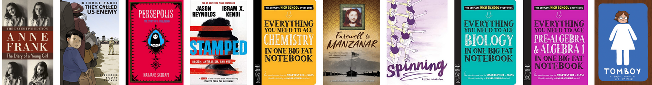 A long thin banner with ten book covers. The titles are listed and linked to in the accordion below.