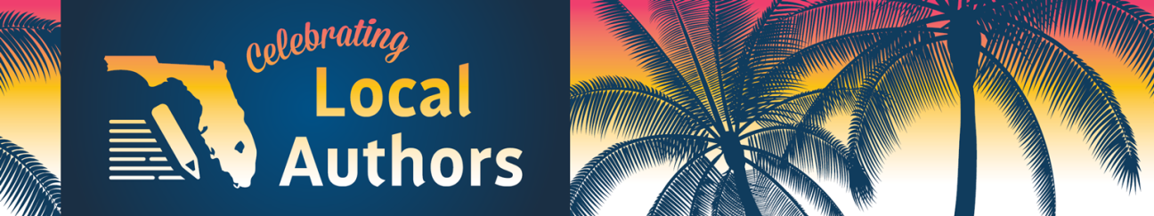 Web header. A sunset gradient with dark blue palm tree silhouettes. Left - A graphic with a pencil and the state shape of Florida. Celebrating Local Authors.
