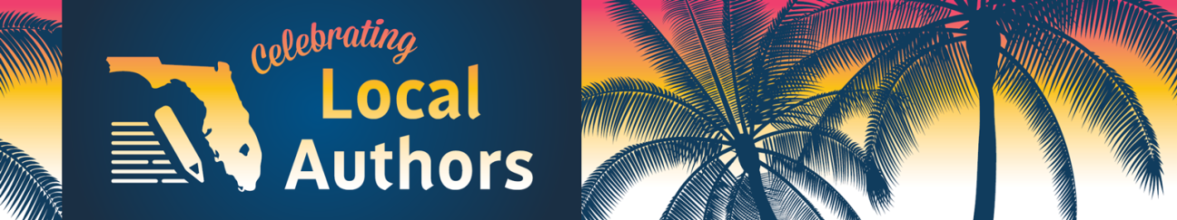 Web header. A sunset gradient with dark blue palm tree silhouettes. Left - A graphic with a pencil and the state shape of Florida. Celebrating Local Authors. 