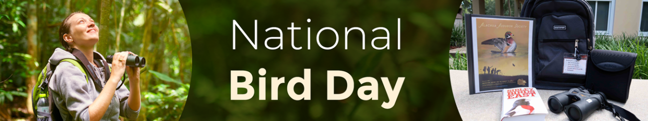 National Bird Day text illustration with image of someone looking up while holding binoculars and a library exploration kit