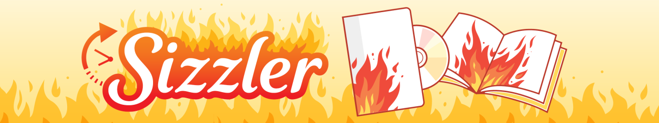 Sizzler text illustration with flames on text and library DVD cover and book