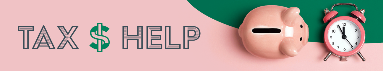 Tax Help text illustration with a piggy bank and clock