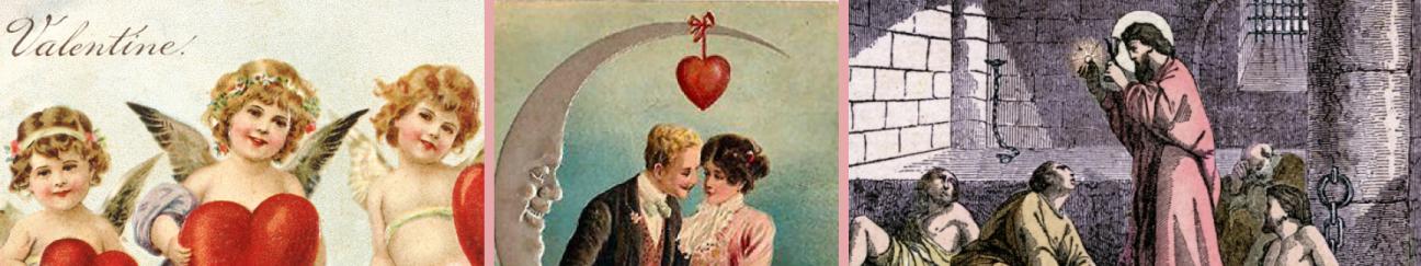 images of young lovers holding hands, a cupid holding a heart and an illustration of St. Valentine