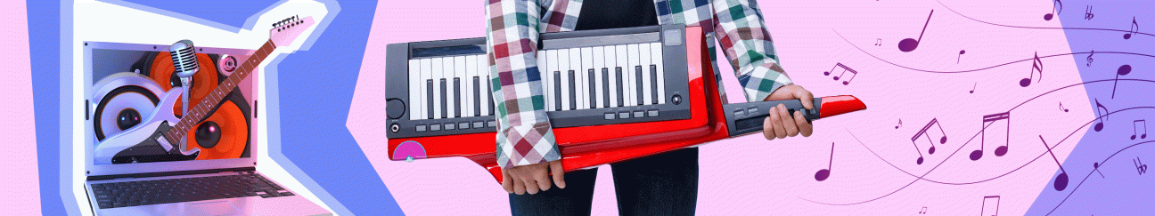 music illustration on laptop and someone holding a keyboard