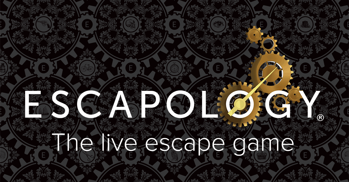 White text on black background reads "Escapology the live escape game" with golden gear illustration