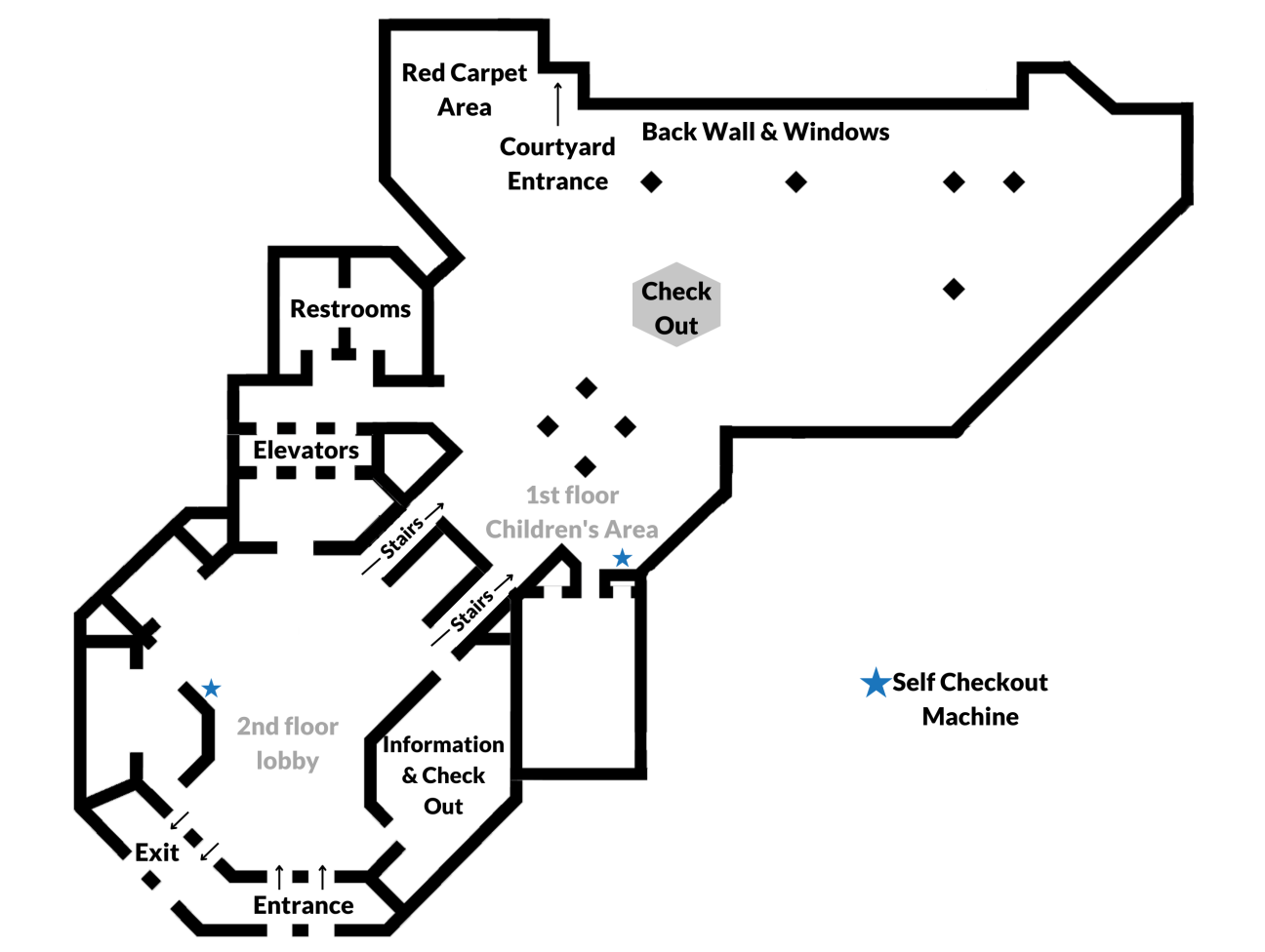 A floorplan of the Headquarters lobby (second floor) and children's area (first floor). The relevant areas for the event are marked on the map. This map has been updated as of 4/19/2023.