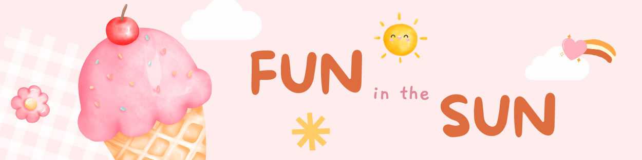 Text: Fun in the Sun on a light pink background next to an ice cream cone