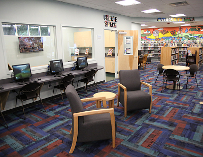 Archer Branch interior chairs, computers, Create Space, and children's area