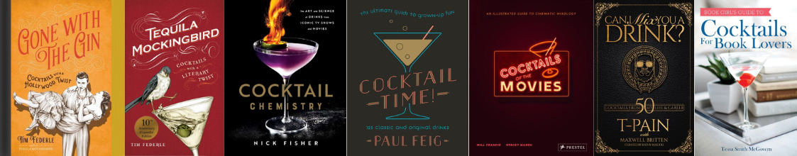 Cookbook covers for book, movie, and music, related cocktails