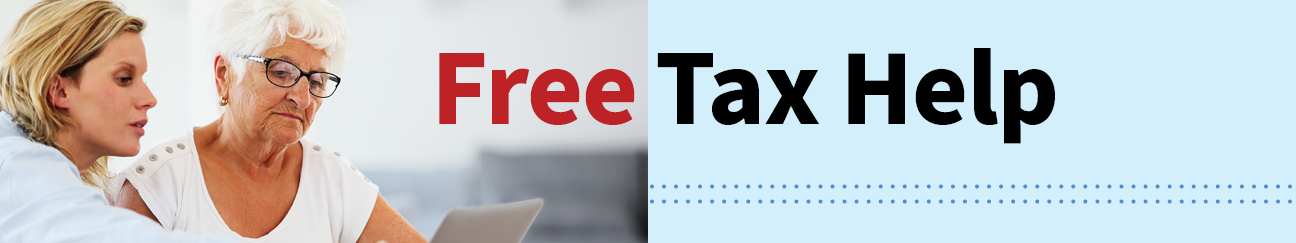 Free Tax Help promotion of someone pointing to a computer screen in front of someone else