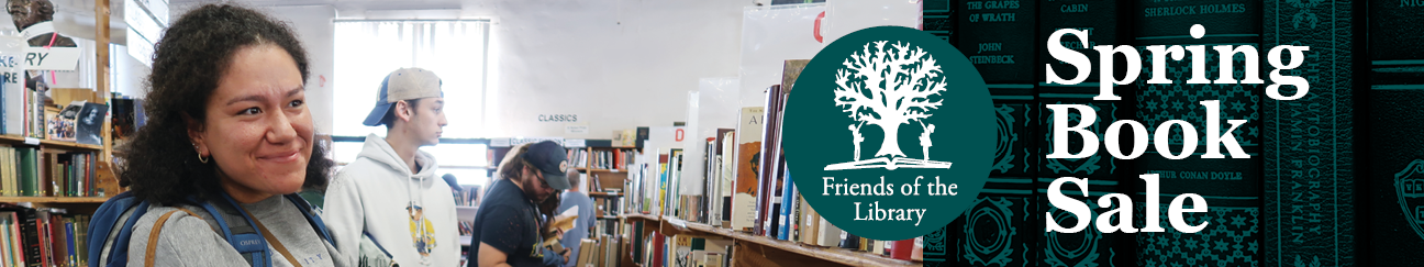 people looking at books at the Friends of the Library Book Sale with a Friends of the Library logo of a tree on an open book with someone standing on either side