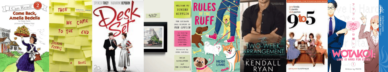 Banner linking to a booklist called "Having Fun At Work--Fiction." The banner includes covers of some of the items on the booklist.