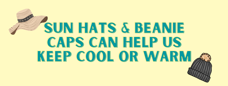 Image reads "Sun hats &amp; Beanie Caps Can help us keep cool or warm"