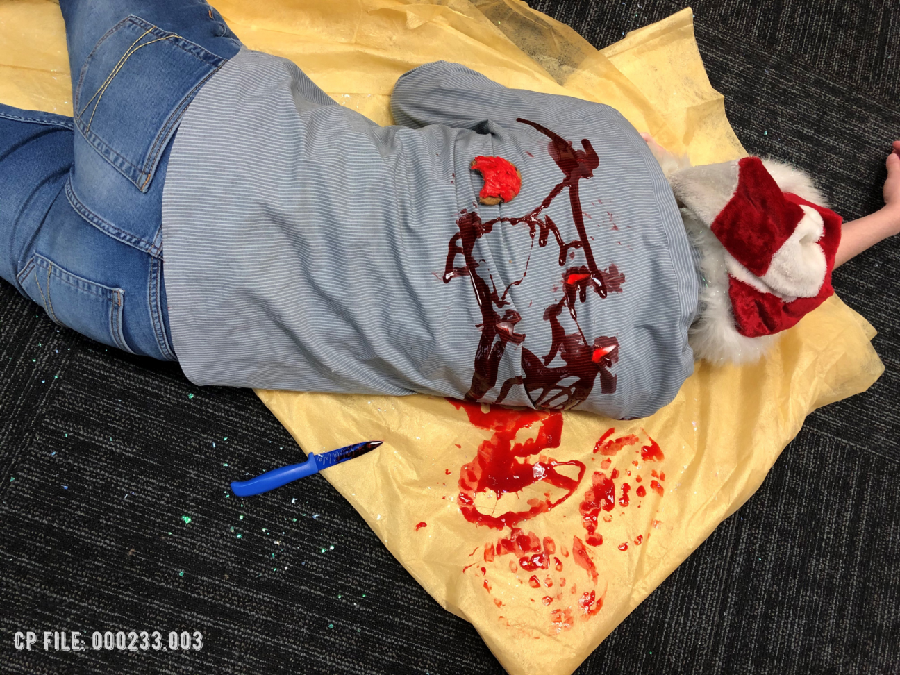 Evidence Photo 003 A close up of a dead body on top of a bloody tablecloth
