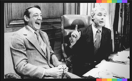 April 1977: Harvey Milk and Mayor George Moscone in the mayor’s office during the signing of the city’s gay rights bill. During Milk's time in office, he sponsored a bill banning discrimination in public accommodations, housing, and employment on the basis of sexual orientation. The Supervisors passed the bill by a vote of 11–1, and it was signed into law by Mayor George Moscone. 
