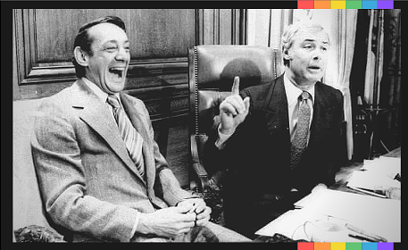 April 1977: Harvey Milk and Mayor George Moscone in the mayor’s office during the signing of the city’s gay rights bill. April 1977: Harvey Milk and Mayor George Moscone in the mayor’s office during the signing of the city’s gay rights bill. During Milk's time in office, he sponsored a bill banning discrimination in public accommodations, housing, and employment on the basis of sexual orientation. The Supervisors passed the bill by a vote of 11–1, and it was signed into law by Mayor George Moscone.