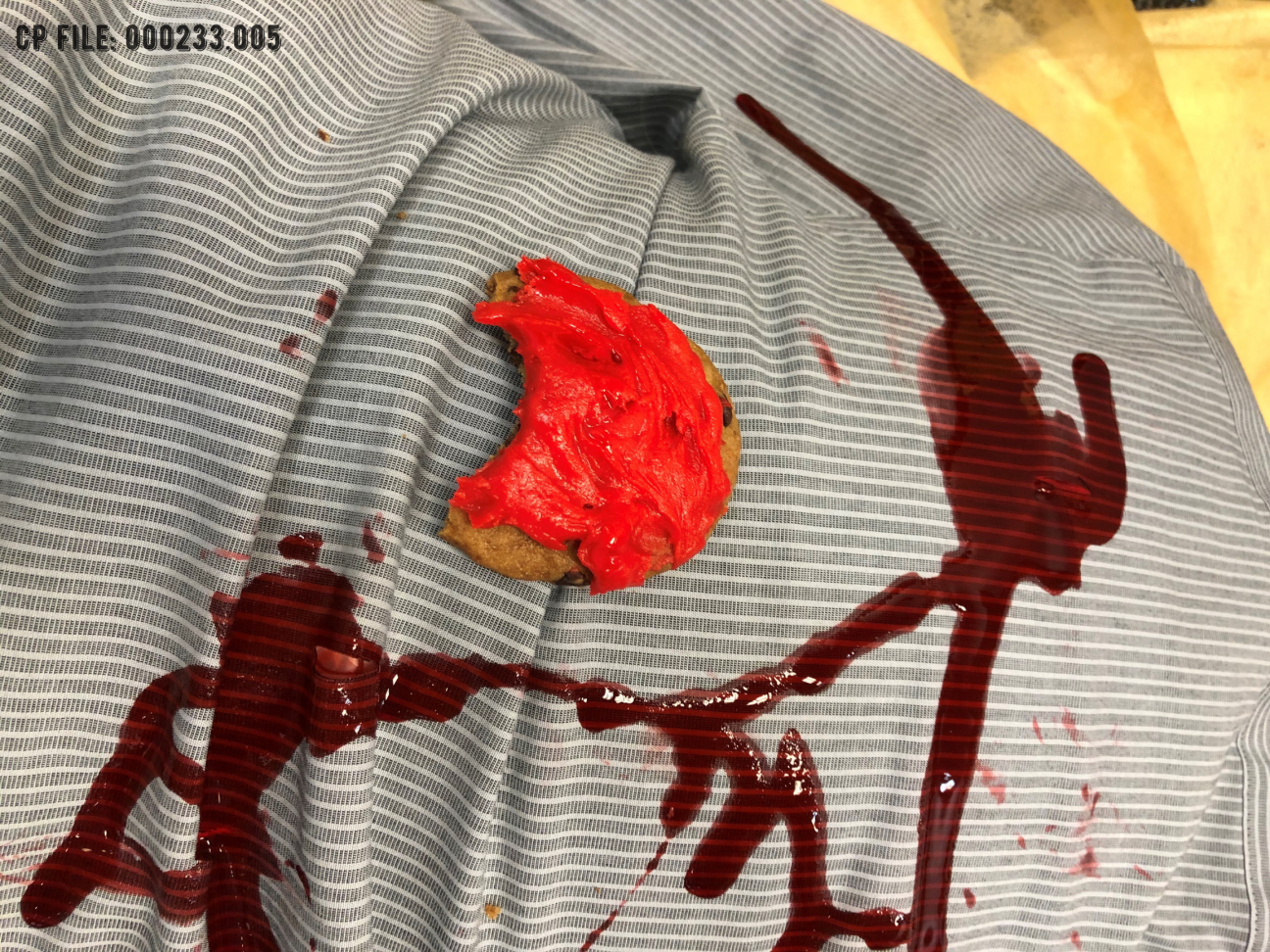 Evidence Photo 005 A close up of a cookie with red icing with one bite taken out of it. The cookie is resting on top of a stabbed body