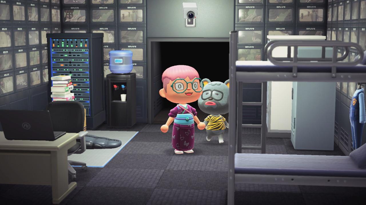 Screenshot of a player character in Animal Crossing: New Horizons. Player is wearing Butterfly Visiting Kimono clothing item and is in the house of Barold the villager.