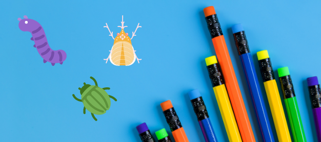 Photo of colorful pencils and bugs