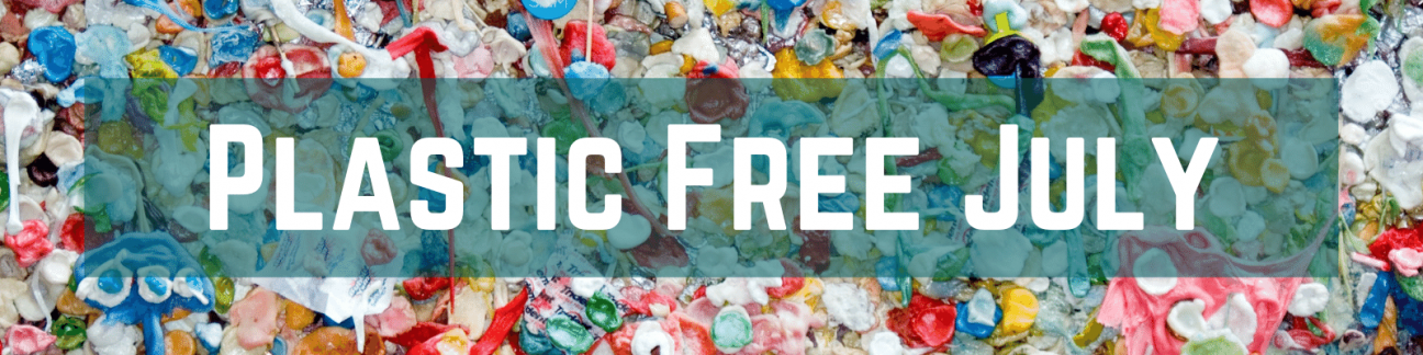 Text: Plastic Free July with thousands of colorful pieces of chewed gum in the background
