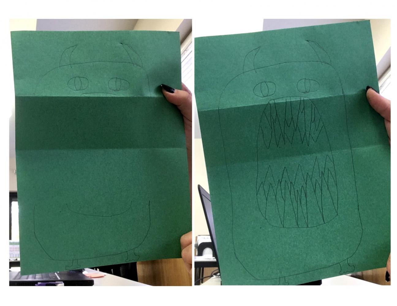 two photos, one before the teeth are filled in and one with the teeth in place