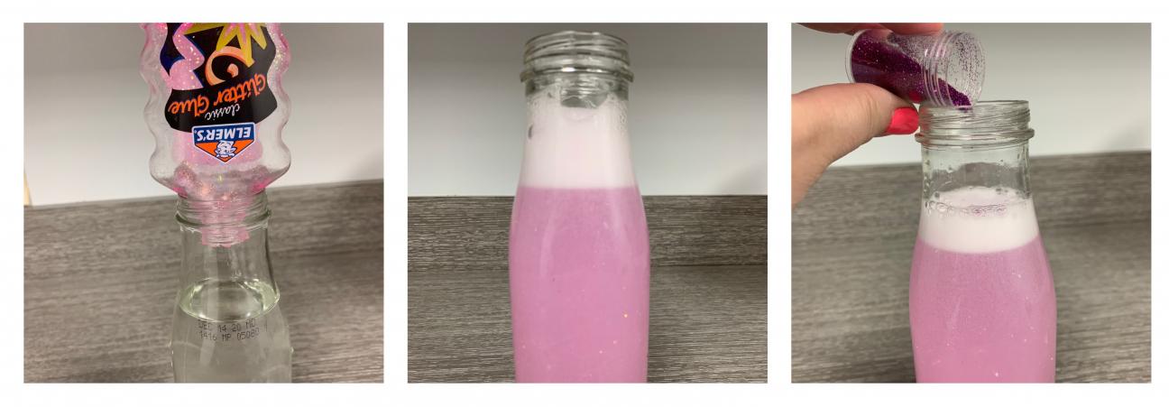 3 photos: glitter glue being dumped into a glass drinking jar; the glass jar with pink-tinted water; and glitter being added to the bottle