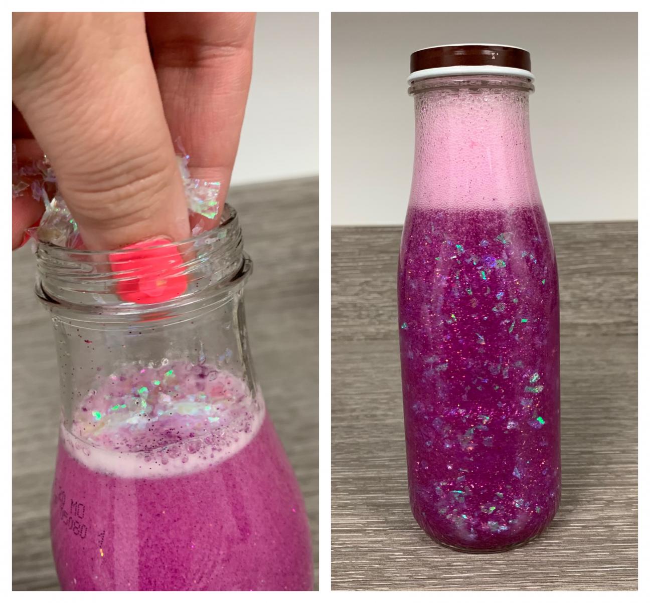 2 photos of calming glitter jars, one with large glitter being added and one with the glitter bottle shaken up with the glitter settling