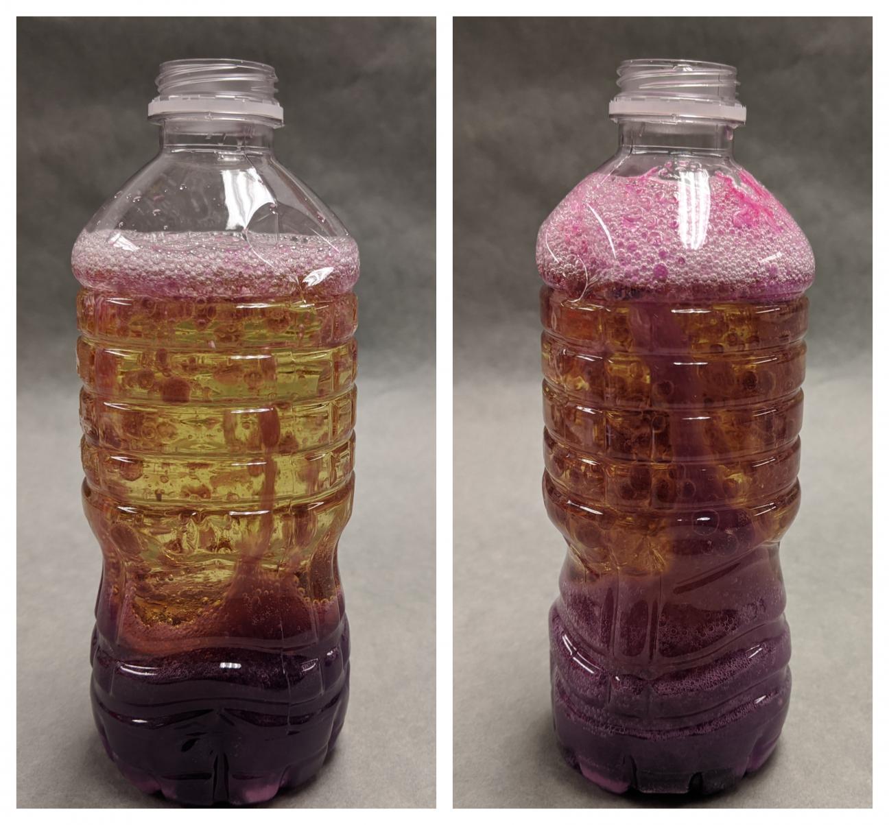 2 photos of DIY lava lamps, with the alka-seltzer tablet reacting with the water.
