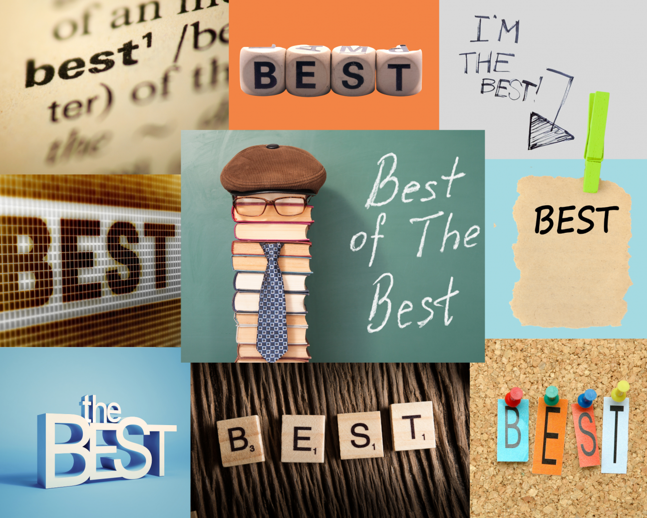 pictures of the word best in a variety of colors and objects, also a stack of books with a hat, glasses and tie with the words best of the best