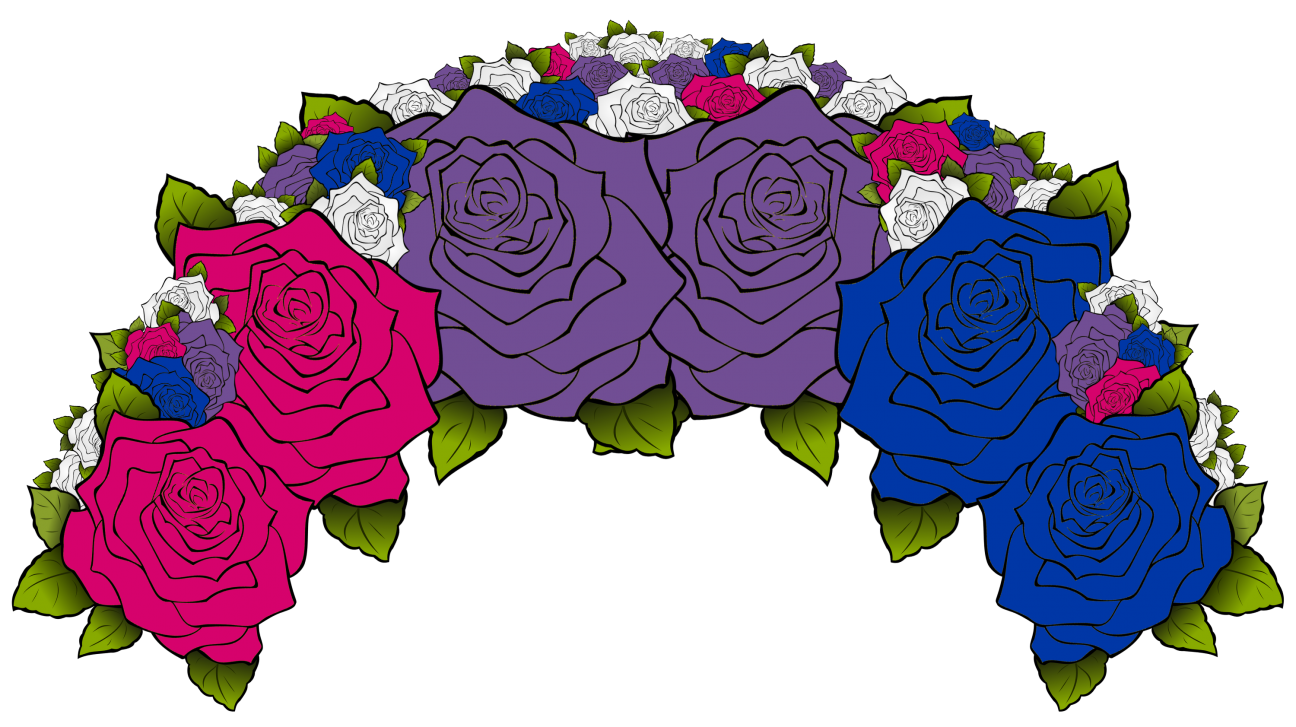 A flower crown composed of flowers from the bisexual pride flag, including pink, purple, and blue.