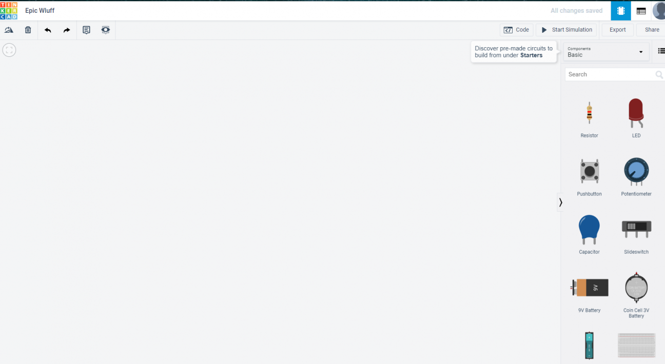 Screenshot showing the a new, blank Circuits work area in Tinkercad. Screenshot showing the a new, blank Circuits work area in Tinkercad.