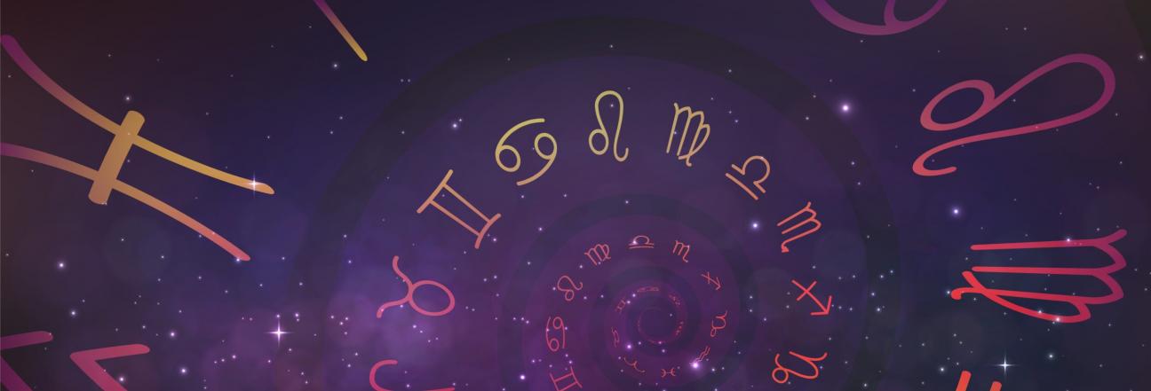 Swirling illustration of zodiac symbols against celestial background.