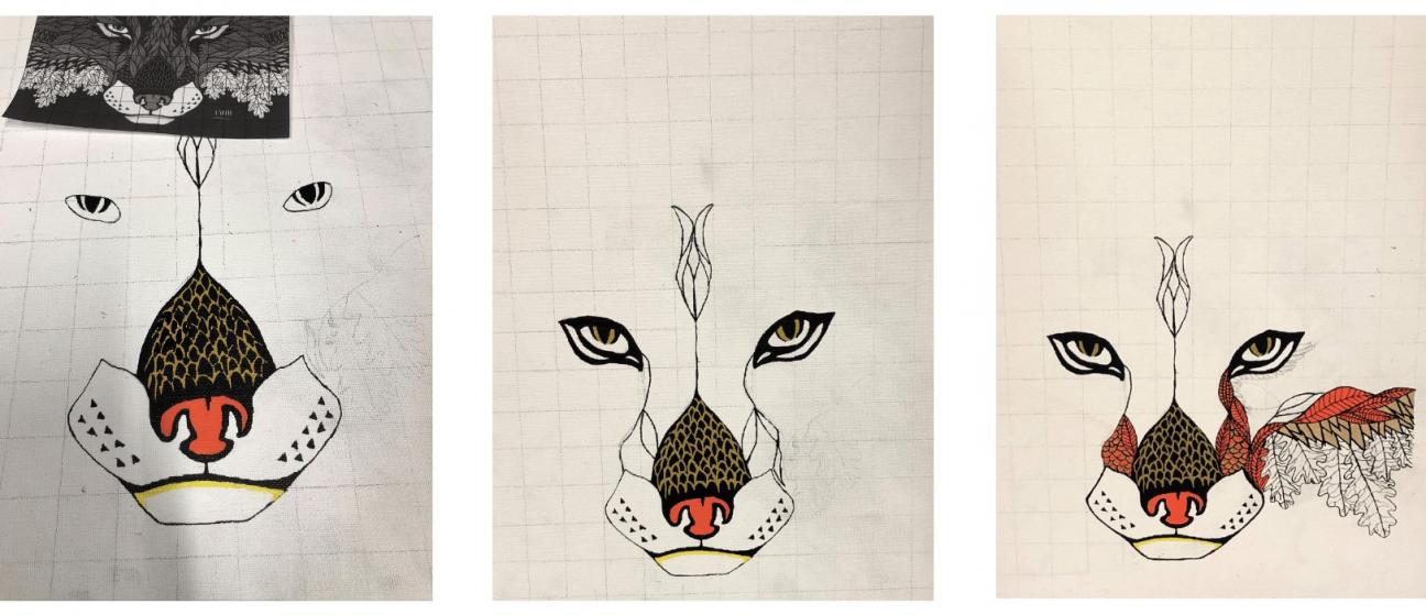 Three in progress shots of a drawing of a fox