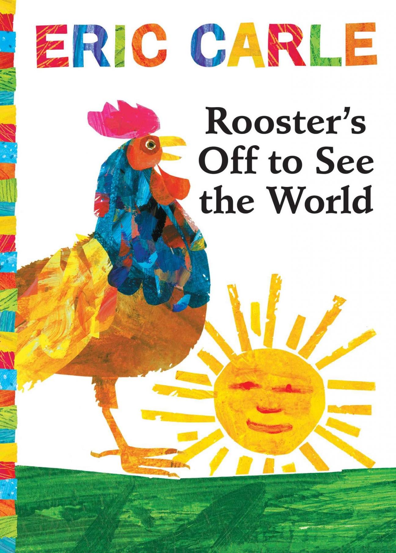 collage picture of a rooster, some grass, a smiling sun