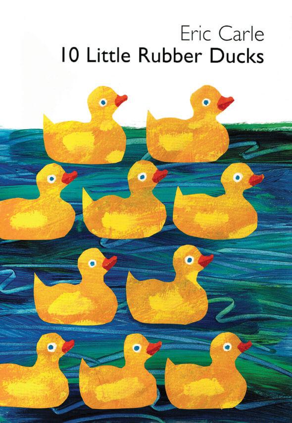 collage of blue water and 10 yellow rubber ducks