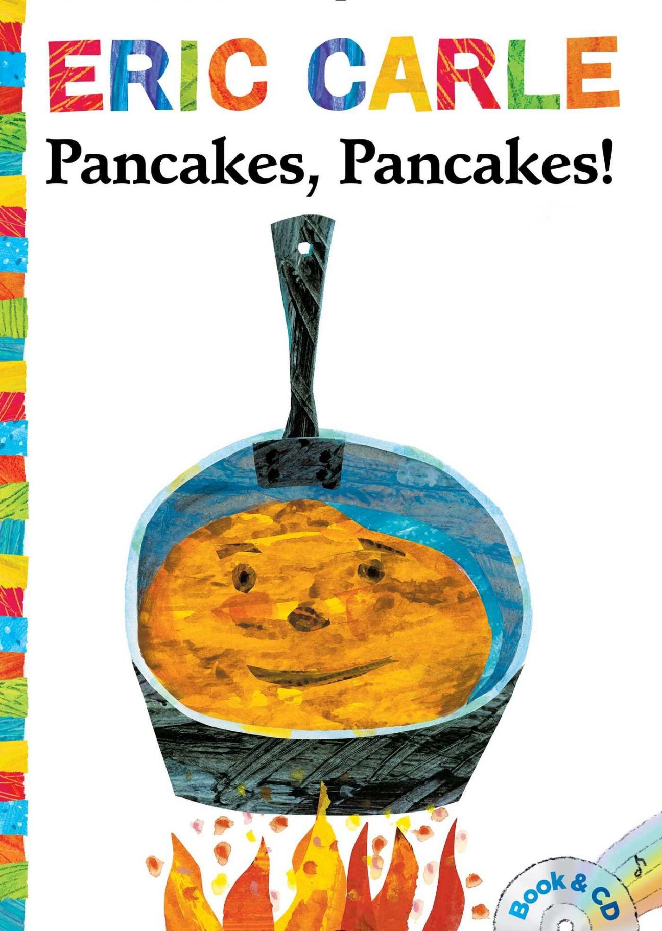 collage picture of a skillet over flames with a pancake with a face inside