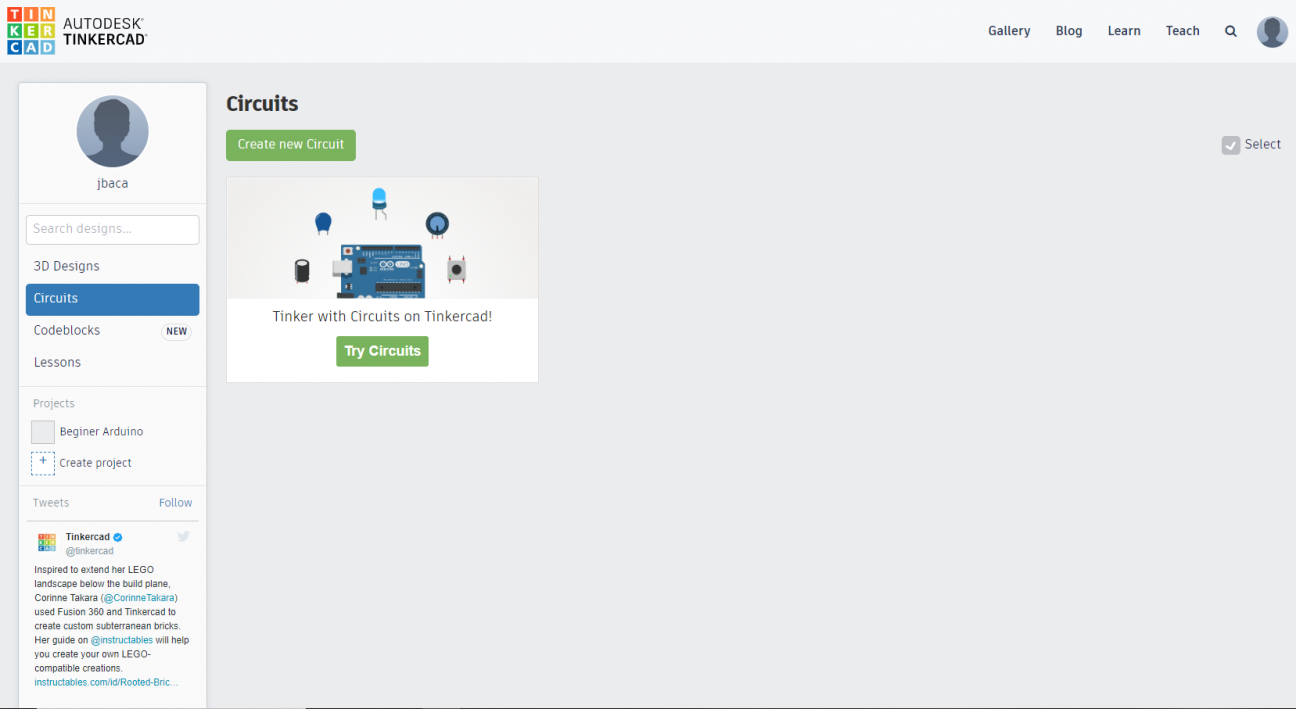 Screenshot showing the Circuits dashboard in Tinkercad. Screenshot showing the Circuits dashboard in Tinkercad.