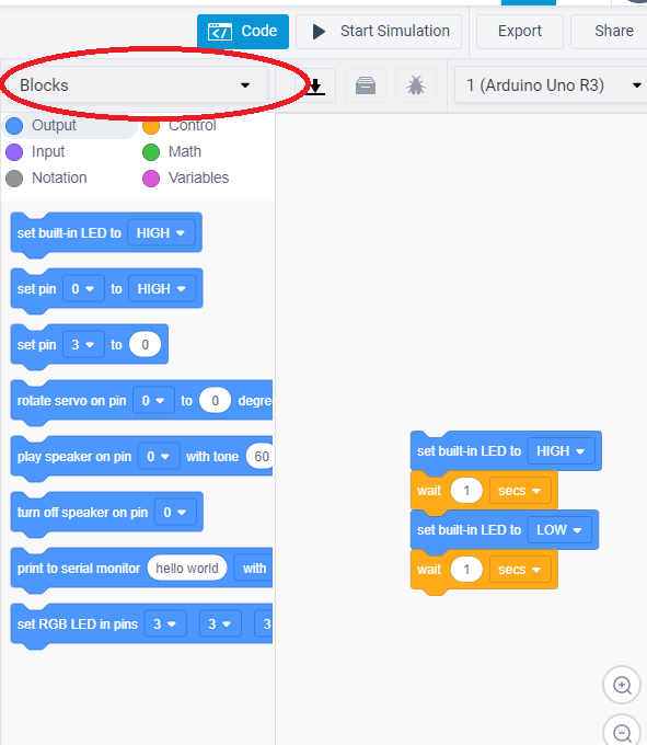 Screenshot of the visual code editor in Tinkercad. Screenshot of the visual code editor in Tinkercad.