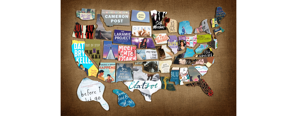 50 States of Gay A map of the United States. The pieces are unconnected puzzle pieces on a burlap fabric background. Each state has been replaced with a book cover that corresponds to that state