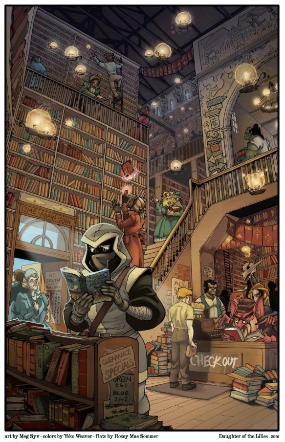 A page from Daughter of the Lilies featuring the characters in a magical bookstore.
