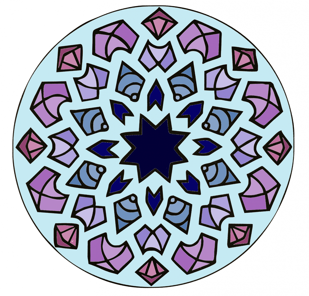 A circular mandala colored in shades of blue and purple.