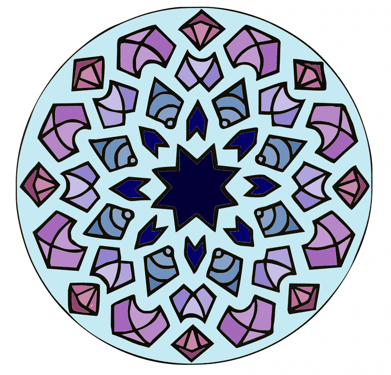 A circular mandala colored in shades of blue and purple. A circular mandala colored in shades of blue and purple.
