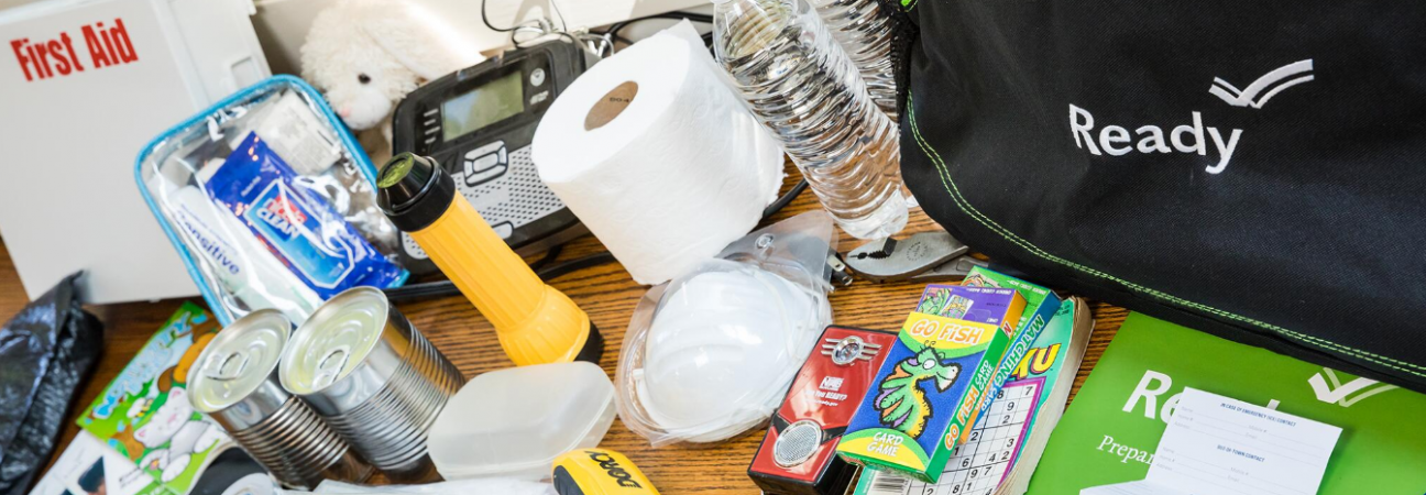 Disaster kit contents including a flashlight, canned goods, and a mask