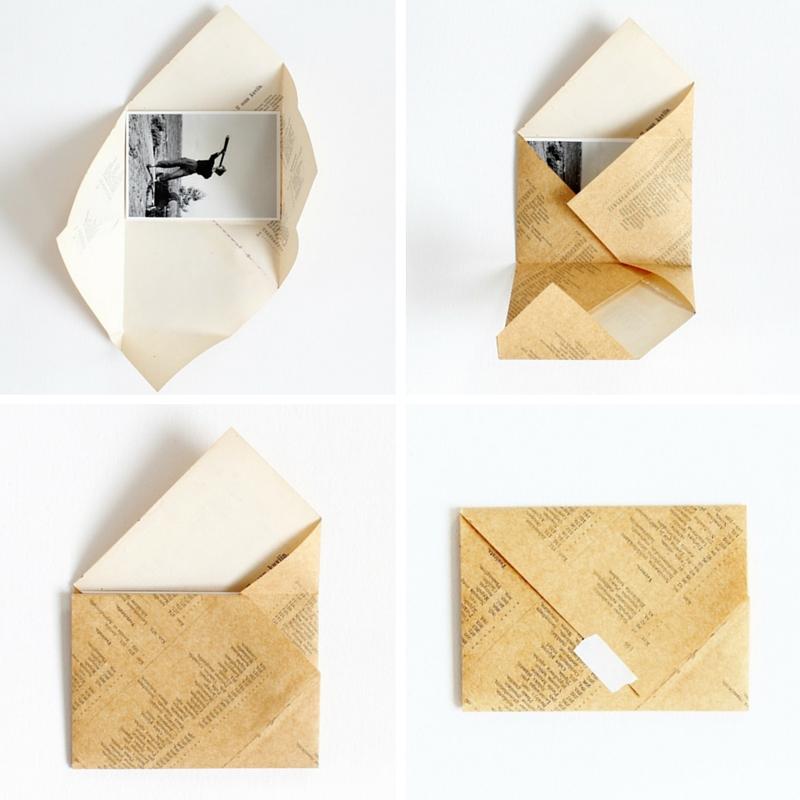 a step-by-step image showing how to fold an envelope using standard letter-sized paper.