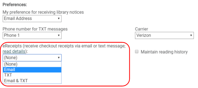 Screenshot Preferences menu with a red circle around eReceipts and Email highlighted blue