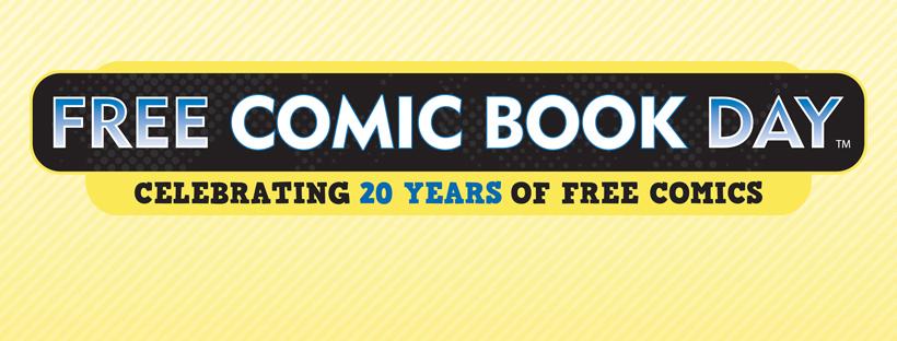 Banner image showing the Free Comic Book Day artwork; text reads Celebrating 20 years of free comics