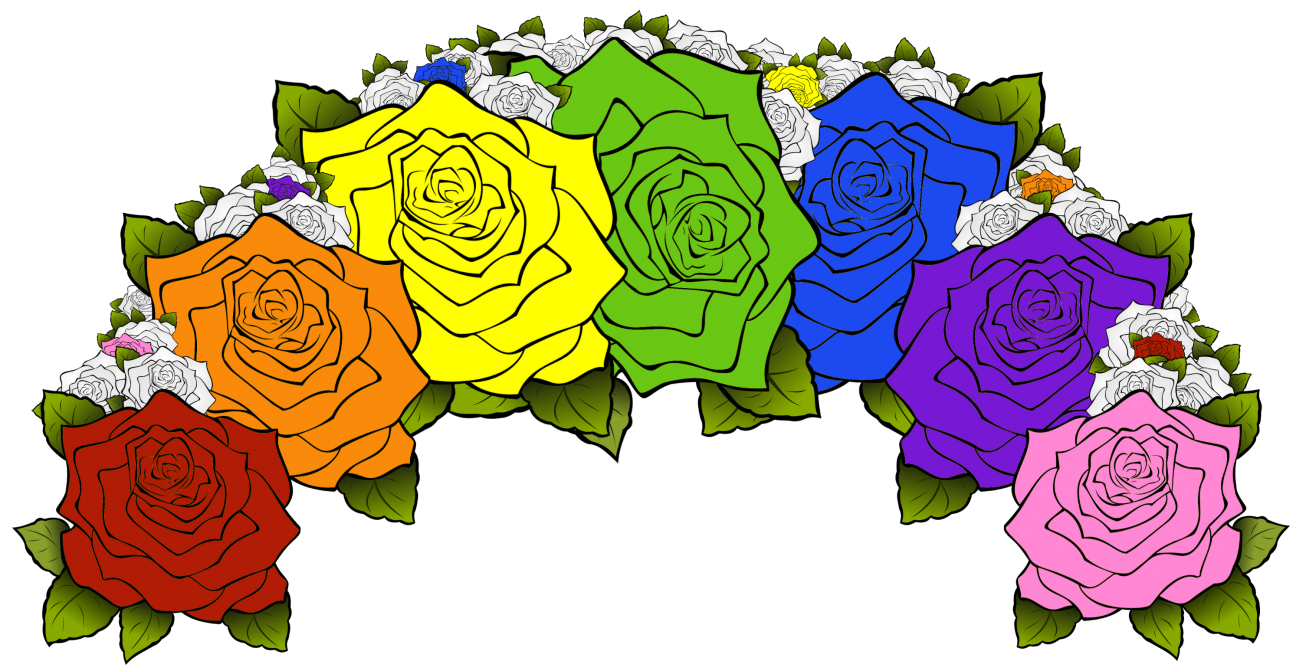 A flower crown composed of flowers from the rainbow flag, including red, orange, yellow, green, blue, purple, and pink.