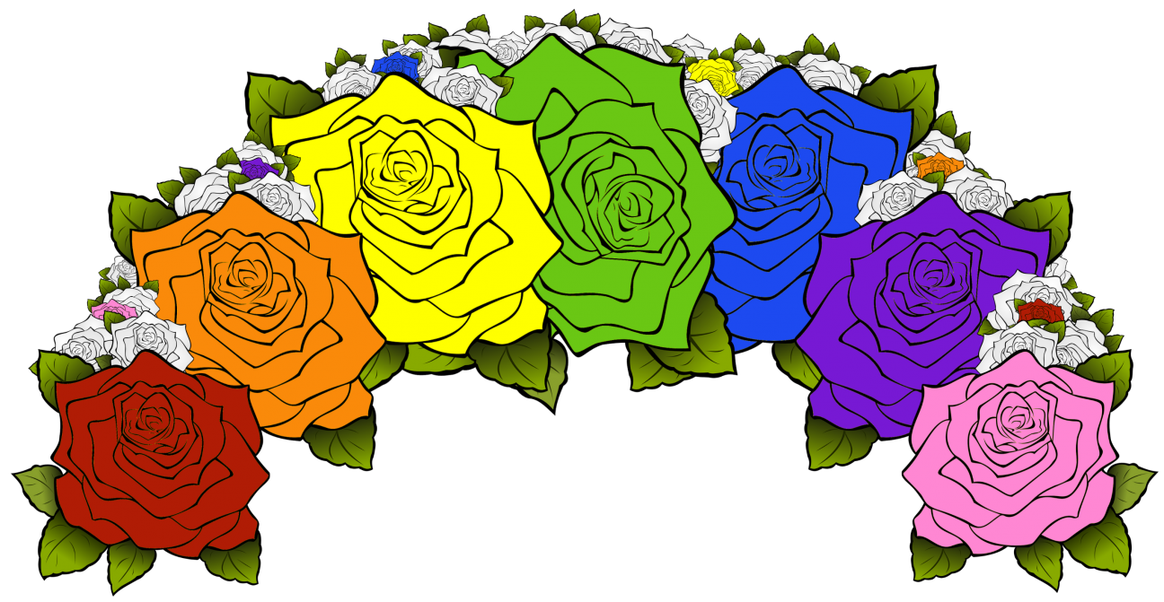 Rainbow Flower Crown A flower crown composed of flowers from the rainbow flag, including red, orange, yellow, green, blue, purple, and pink.