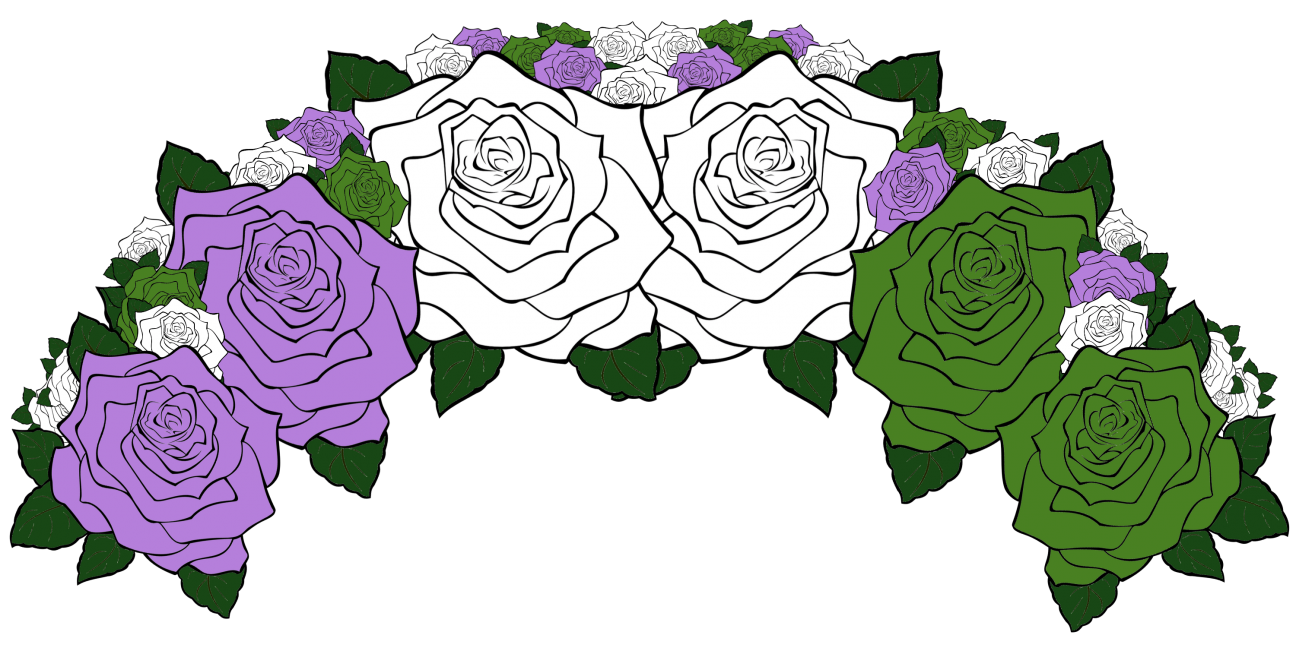 A flower crown composed of flowers from the genderqueer pride flag, including green, purple, and white.